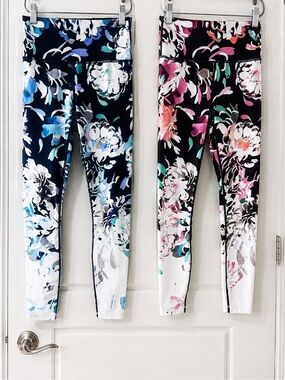 Lot of 2 Athleta Floral Print High Rise Leggings XXS Blue&Pink Watercolor Yoga
